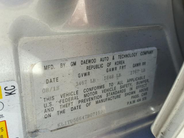 KL1TD56647B071590 - 2007 CHEVROLET AVEO BASE ვერცხლისფერი ფოტო 10