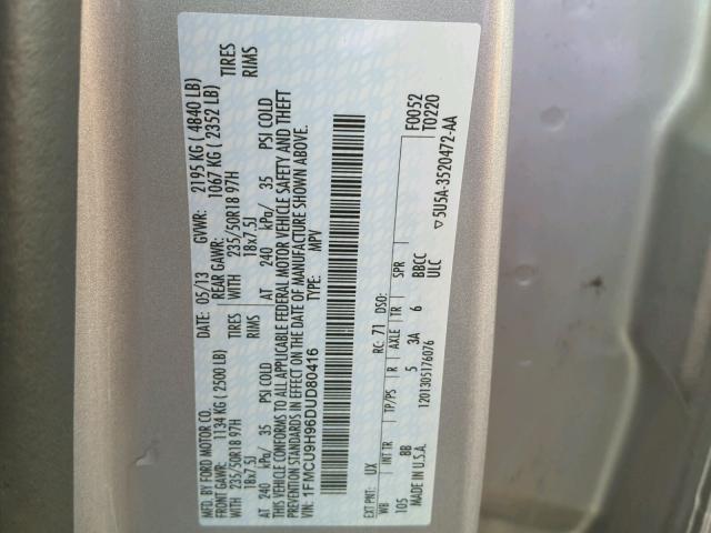 1FMCU9H96DUD80416 - 2013 FORD ESCAPE SEL SILVER photo 10