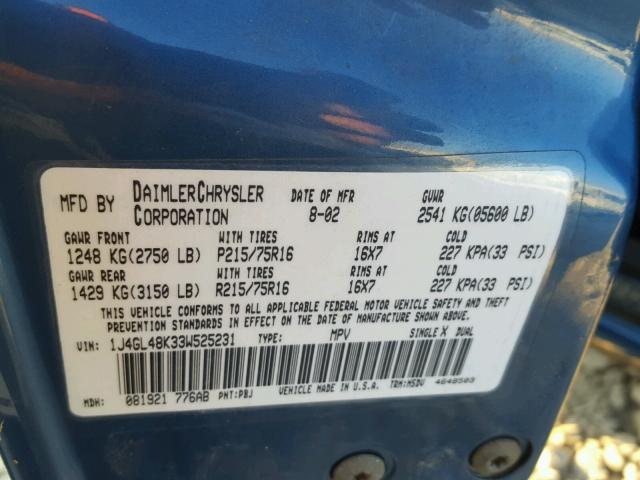 1J4GL48K33W525231 - 2003 JEEP LIBERTY SP BLUE photo 10