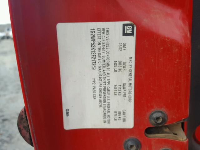 1G2WP52K12F217269 - 2002 PONTIAC GRAND PRIX RED photo 10