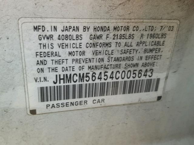 JHMCM56454C005643 - 2004 HONDA ACCORD LX WHITE photo 10