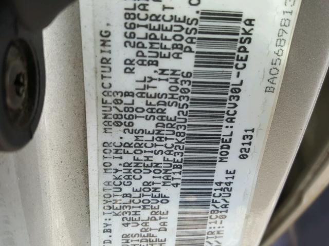 4T1BE32K83U253036 - 2003 TOYOTA CAMRY LE 银色 照片 10