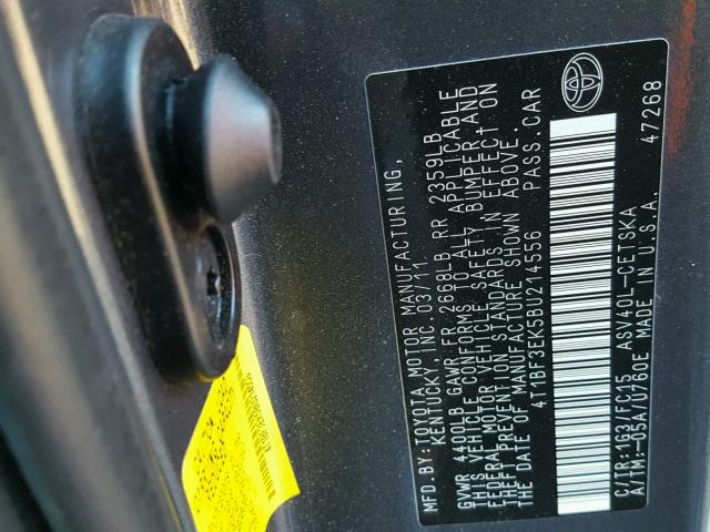 4T1BF3EK5BU214556 - 2011 TOYOTA CAMRY BASE GRAY photo 10