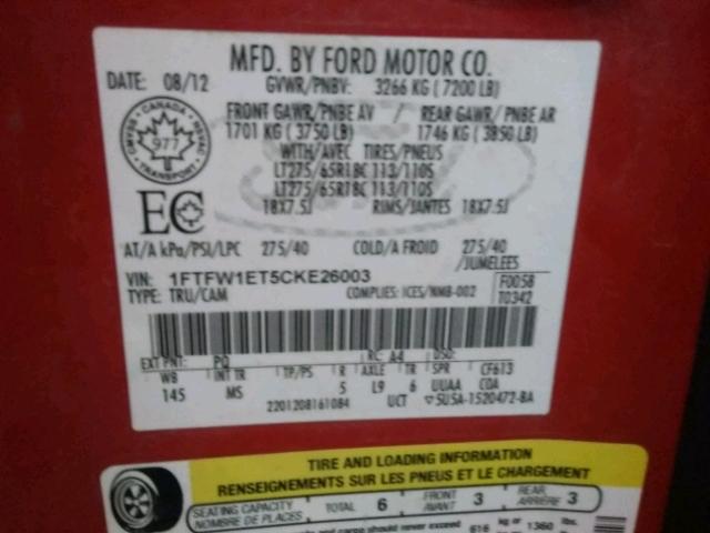 1FTFW1ET5CKE26003 - 2012 FORD F150 SUPER RED photo 10