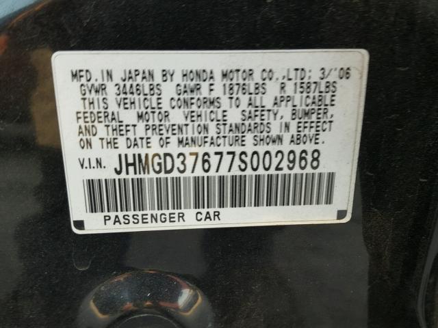 JHMGD37677S002968 - 2007 HONDA FIT S BLACK photo 10