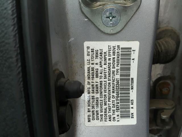 19XFA1F64AE033441 - 2010 HONDA CIVIC SILVER photo 10