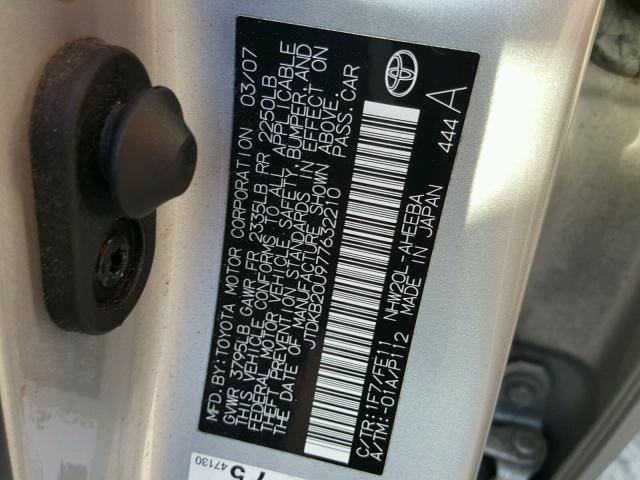 JTDKB20U977632210 - 2007 TOYOTA PRIUS SILVER photo 10