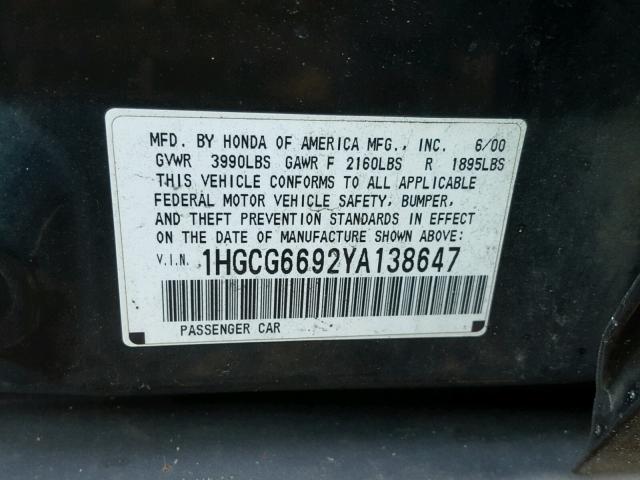 1HGCG6692YA138647 - 2000 HONDA ACCORD SE GREEN photo 10