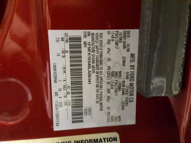 1FMFK16549LA06341 - 2009 FORD EXPEDITION RED photo 10