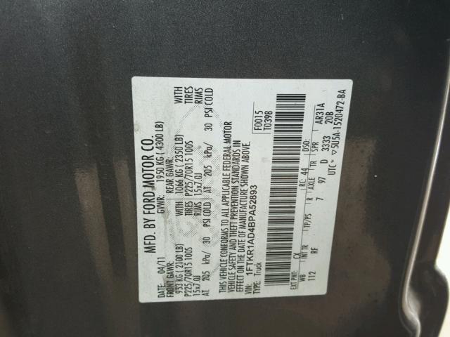 1FTKR1AD4BPA52893 - 2011 FORD RANGER GRAY photo 10