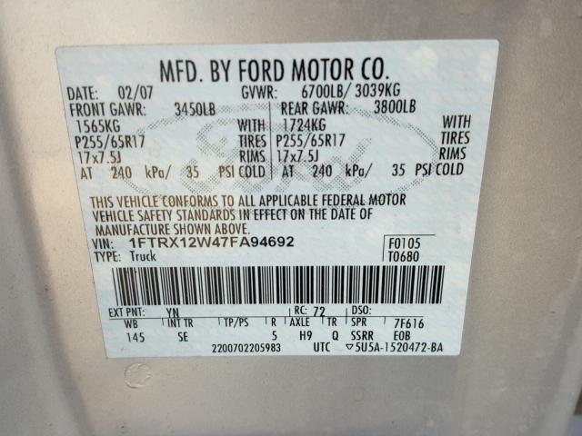 1FTRX12W47FA94692 - 2007 FORD F150 SILVER photo 10