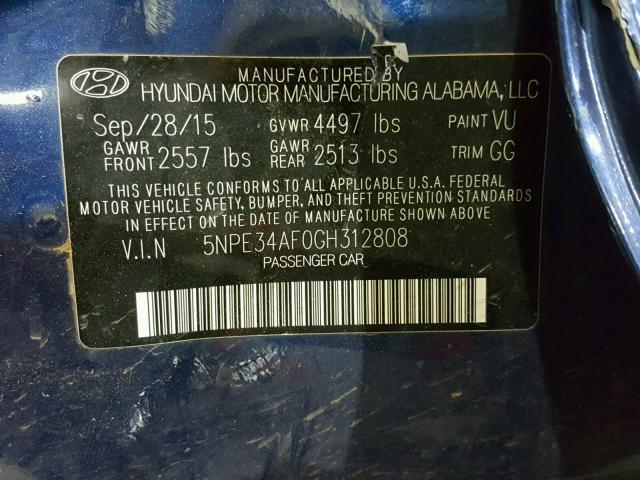 5NPE34AF0GH312808 - 2016 HYUNDAI SONATA SPO BLUE photo 10