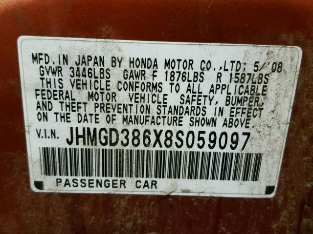 JHMGD386X8S059097 - 2008 HONDA FIT SPORT ORANGE photo 10