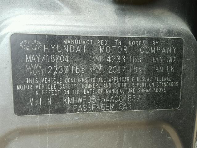 KMHWF35H54A084837 - 2004 HYUNDAI SONATA GLS GRAY photo 10