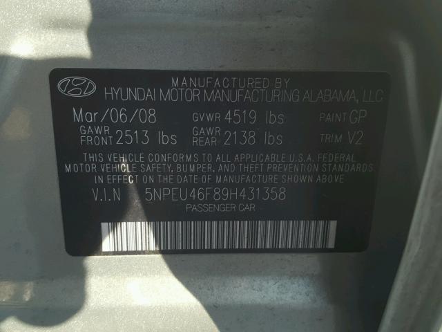 5NPEU46F89H431358 - 2009 HYUNDAI SONATA SE GREEN photo 10