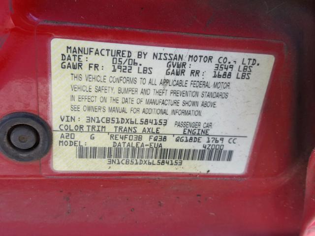 3N1CB51DX6L584153 - 2006 NISSAN SENTRA 1.8 RED photo 10