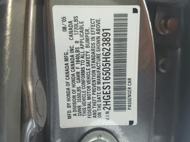 2HGES16505H623891 - 2005 HONDA CIVIC LX GRAY photo 10