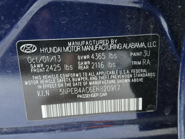 5NPEB4AC6EH820917 - 2014 HYUNDAI SONATA GLS BLUE photo 10