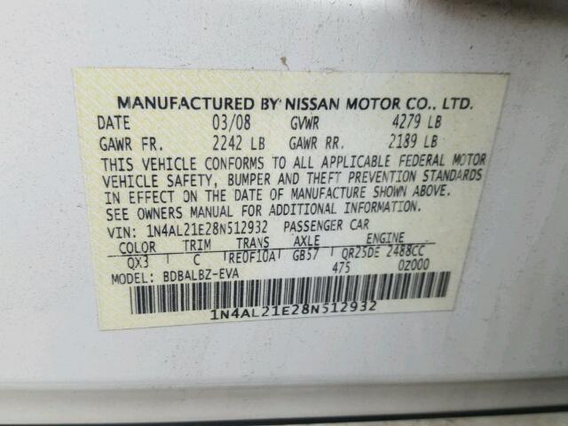 1N4AL21E28N512932 - 2008 NISSAN ALTIMA 2.5 WHITE photo 10