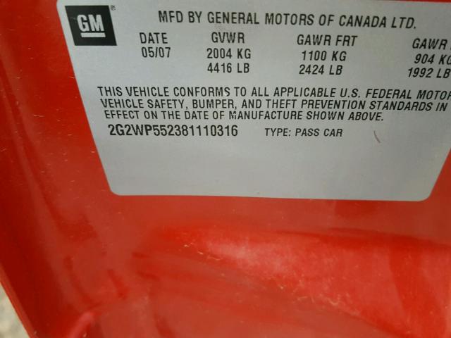 2G2WP552381110316 - 2008 PONTIAC GRAND PRIX RED photo 10