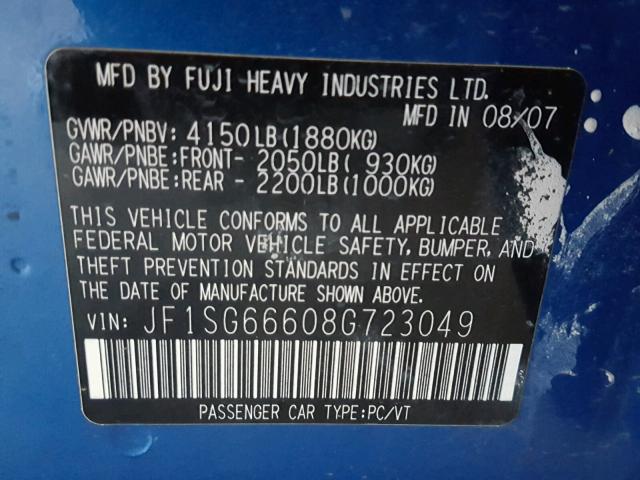 JF1SG66608G723049 - 2008 SUBARU FORESTER S BLUE photo 10