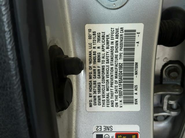 19XFA1F65AE041662 - 2010 HONDA CIVIC SILVER photo 10