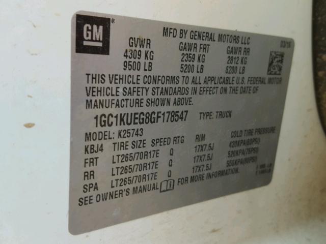 1GC1KUEG8GF178547 - 2016 CHEVROLET SILVERADO WHITE photo 10