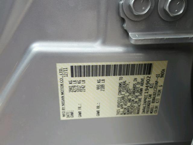 1N4AL2AP4CC194902 - 2012 NISSAN ALTIMA BAS SILVER photo 10