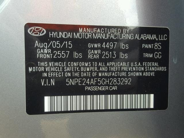 5NPE24AF5GH283292 - 2016 HYUNDAI SONATA SE SILVER photo 10