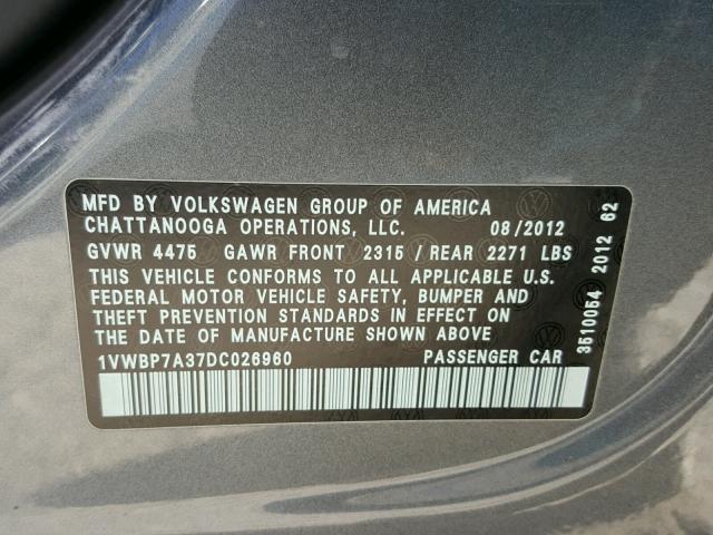 1VWBP7A37DC026960 - 2013 VOLKSWAGEN PASSAT SE GRAY photo 10