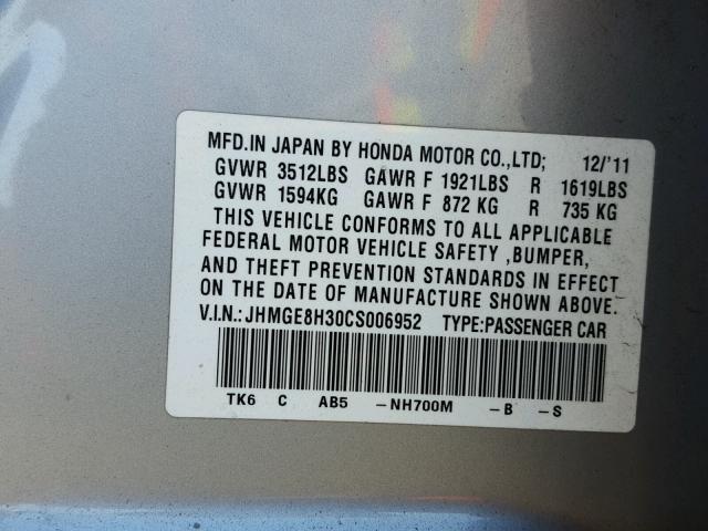 JHMGE8H30CS006952 - 2012 HONDA FIT SILVER photo 10