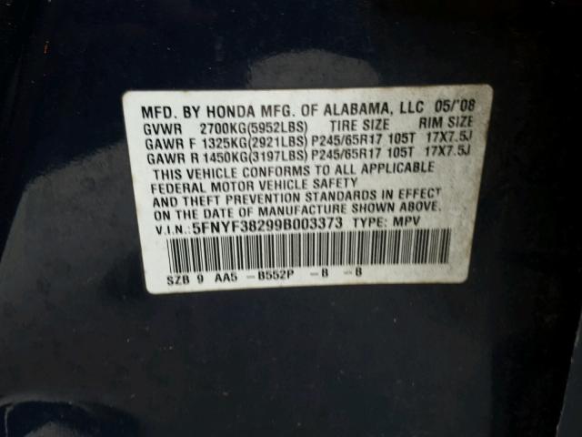 5FNYF38299B003373 - 2009 HONDA PILOT LX BLUE photo 10