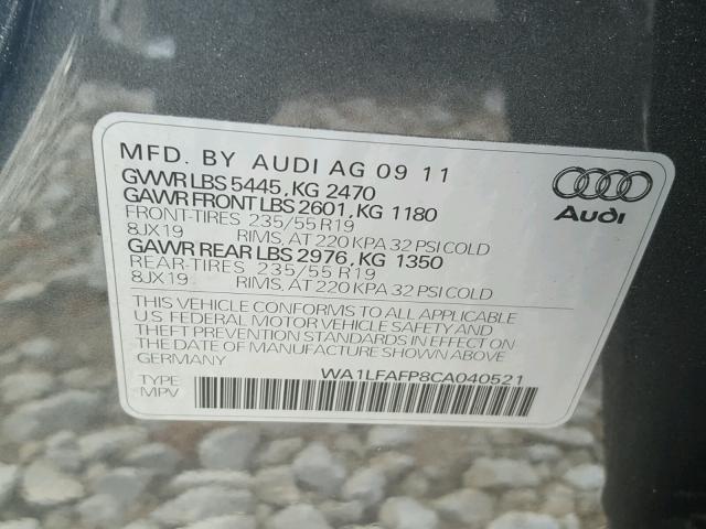 WA1LFAFP8CA040521 - 2012 AUDI Q5 PREMIUM GRAY photo 10