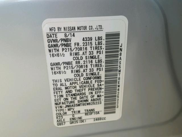 JN8AS5MT8EW625223 - 2014 NISSAN ROGUE SELE SILVER photo 10