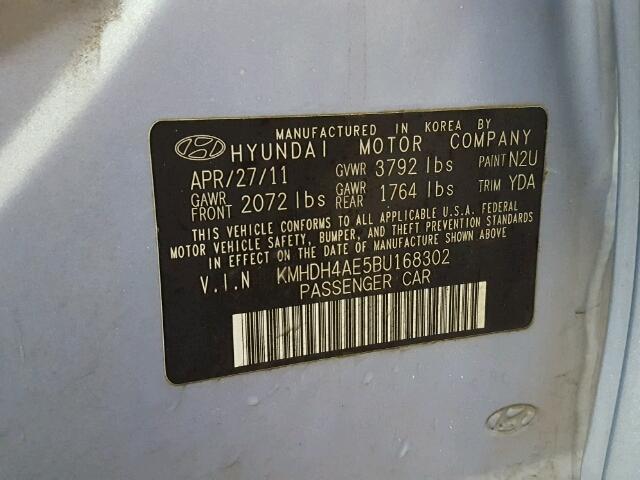 KMHDH4AE5BU168302 - 2011 HYUNDAI ELANTRA GL BLUE photo 10