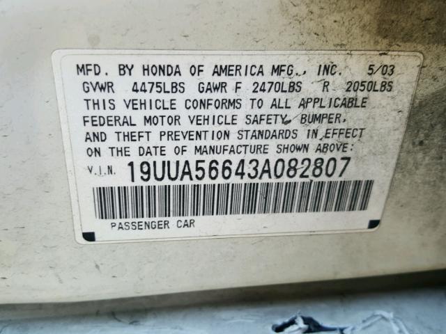 19UUA56643A082807 - 2003 ACURA 3.2TL WHITE photo 10