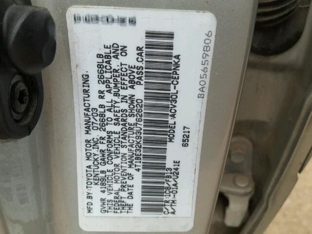 4T1BE32K93U762620 - 2003 TOYOTA CAMRY LE 银色 照片 10