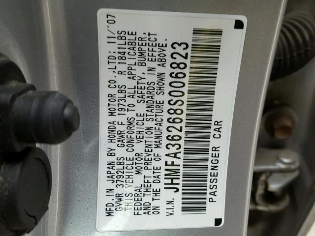 JHMFA36268S006823 - 2008 HONDA CIVIC HYBR SILVER photo 10