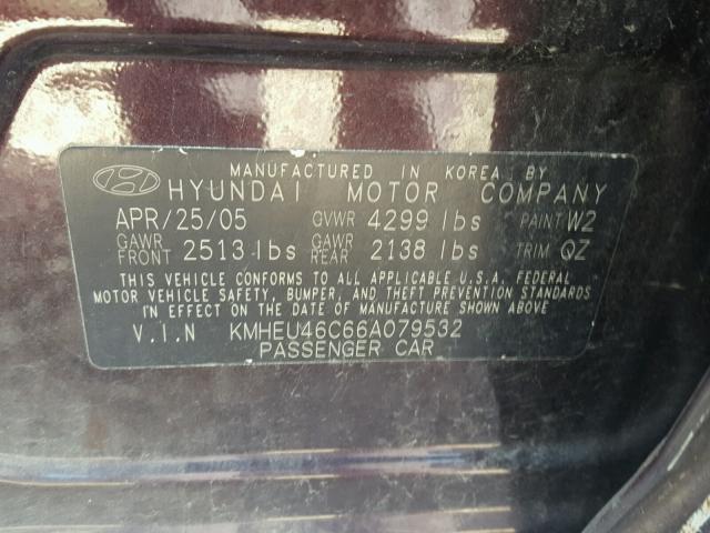 KMHEU46C66A079532 - 2006 HYUNDAI SONATA GLS BURGUNDY photo 10