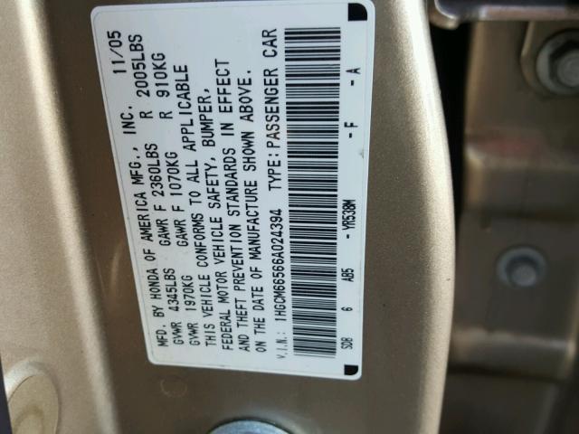 1HGCM66566A024394 - 2006 HONDA ACCORD EX GOLD photo 10