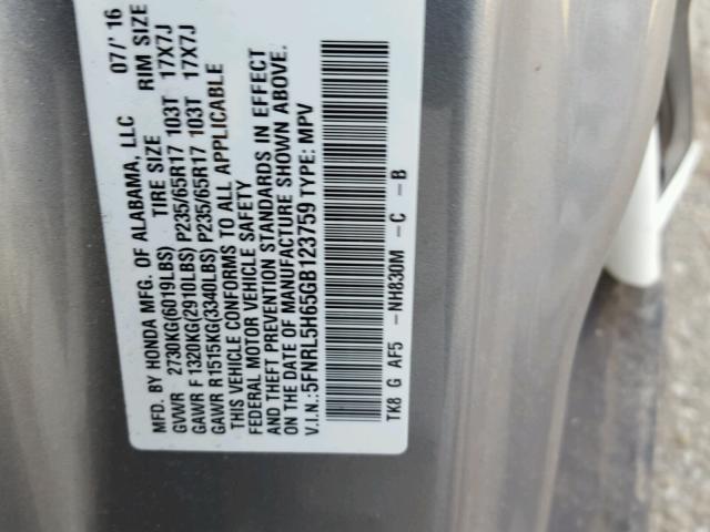 5FNRL5H65GB123759 - 2016 HONDA ODYSSEY EX SILVER photo 10