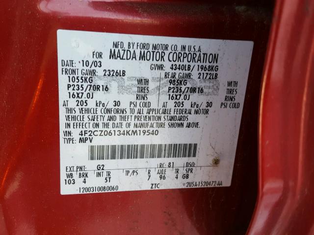 4F2CZ06134KM19540 - 2004 MAZDA TRIBUTE ES 红色 照片 10