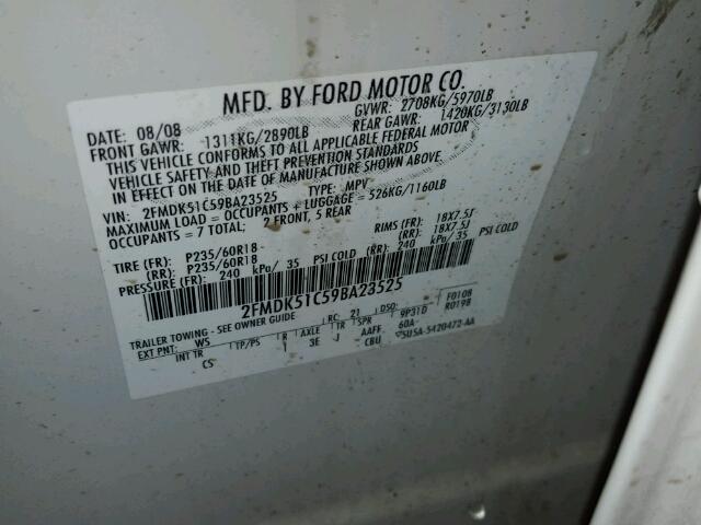 2FMDK51C59BA23525 - 2009 FORD FLEX SE WHITE photo 10