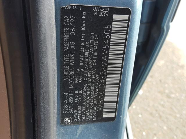 WBACD4328VAV54505 - 1997 BMW 328 I AUTO TURQUOISE photo 10