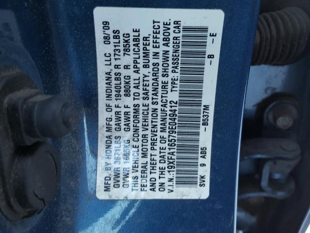 19XFA16579E049412 - 2009 HONDA CIVIC LX BLUE photo 10