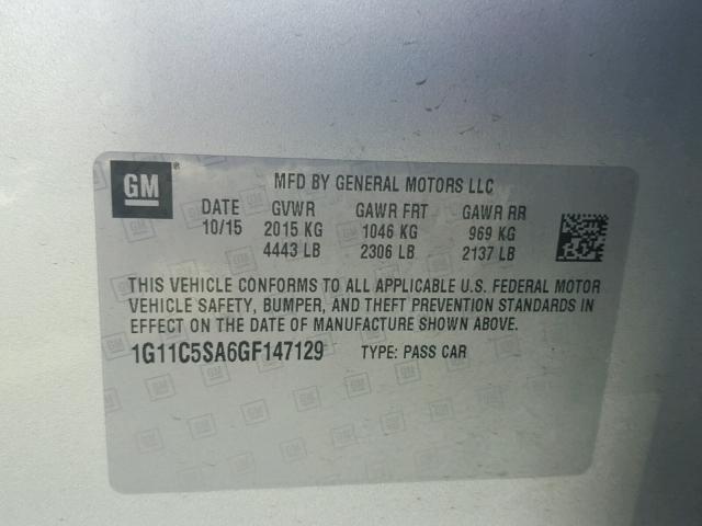 1G11C5SA6GF147129 - 2016 CHEVROLET MALIBU LIM SILVER photo 10