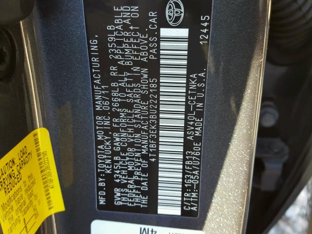 4T1BF3EK3BU222185 - 2011 TOYOTA CAMRY BASE GRAY photo 10