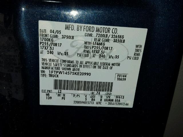 1FTPW14575KE20990 - 2005 FORD F150 SUPER BLUE photo 10