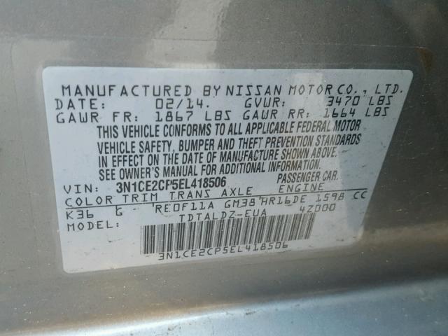 3N1CE2CP5EL418506 - 2014 NISSAN VERSA NOTE GRAY photo 10