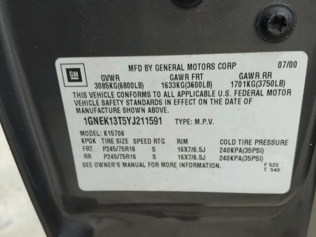 1GNEK13T5YJ211591 - 2000 CHEVROLET TAHOE K150 GRAY photo 10